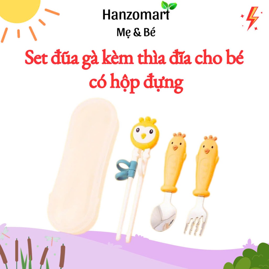 Bộ set thìa dĩa đũa cho bé cao cấp có hộp hình gà con - hanzo2009