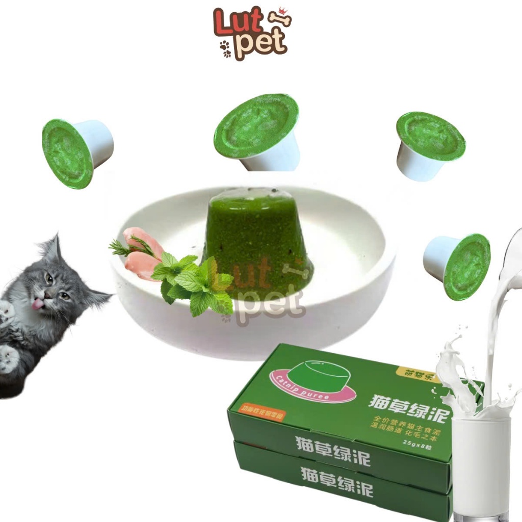 Thạch cỏ mèo, pudding thịt gà mix cỏ mèo, sữa dê cho chó mèo, catnip ...