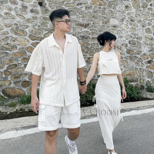 Set Đồ Đôi Couple Nam Nữ Trắng Sơ Mi + Áo Ren + Chân Váy Dài