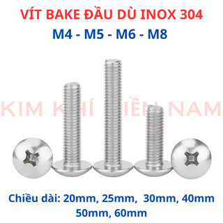 Bulong Ốc Vít Đầu Dù Pake INOX 304 M4 M5 M6 M8 - Thân Bu Lông Đầu Tròn Chữ Thập (+) Không Gỉ Sét, Sáng Bóng Cao Cấp