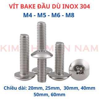 Bulong Ốc Vít Đầu Dù Pake INOX 304 M4 M5 M6 M8 - Thân Bu Lông Đầu Tròn Chữ Thập (+) Không Gỉ Sét, Sáng Bóng Cao Cấp