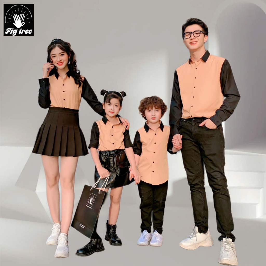 Set Áo Sơ Mi Gia Đình Fig Tree Màu Vàng Phối Đen Siêu Lạ Mắt