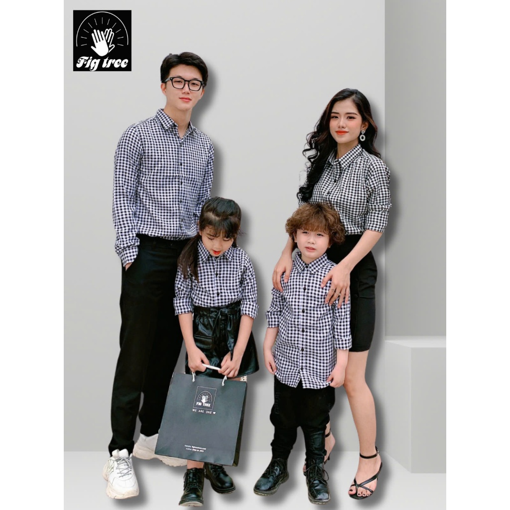 Set Áo Sơ Mi Gia Đình FIG TREE Caro Trắng Đen Cho Gia Đình Đi Chơi, Đi Tiệc (size đến 110kg), MS147C