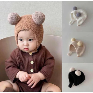 Mũ len quả bông có cúc lông cừu tai gấu cho bé giữ ấm mùa đông (Tuyển )