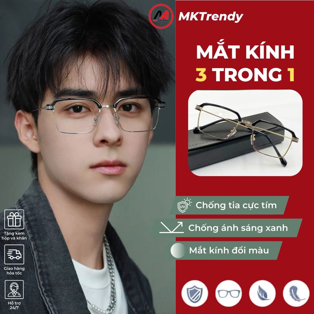 Kính cận đổi màu MKTRENDY nam nữ thời trang cao cấp gọng kim loại chống tia UV chống ánh sáng xanh X10