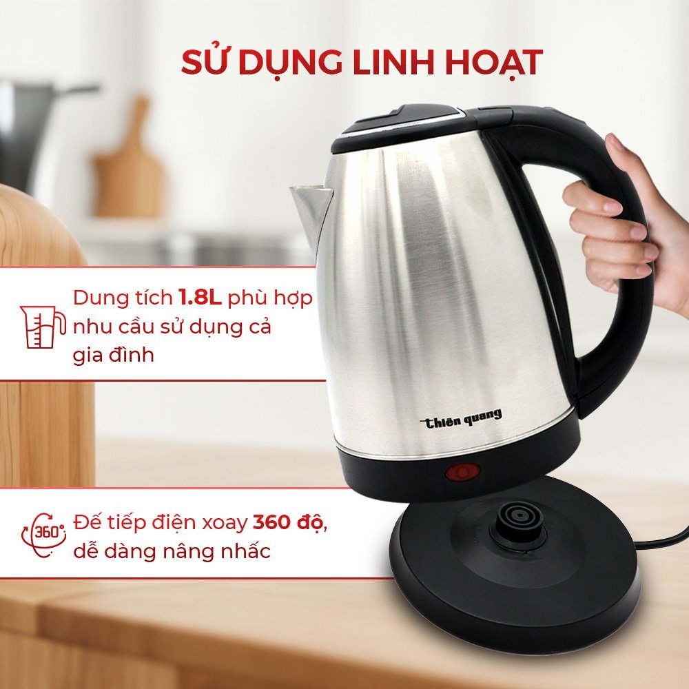 ẤM ĐUN NƯỚC SIÊU TỐC THIÊN QUANG K10 1.8L INOX PHAY XƯỚC CAO CẤP – 1500W – TỰ NGẮT KHI SÔI – ĐẾ XOAY