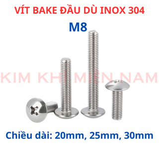 Ốc Vít inox đầu dù pake Inox 304 M8, Bu lông inox đầu dù pake inox 304 8li dài 20mm - 25mm - 30mm