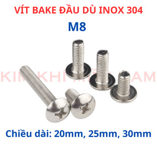 Ốc Vít inox đầu dù pake Inox 304 M8, Bu lông inox đầu dù pake inox 304 8li dài 20mm - 25mm - 30mm