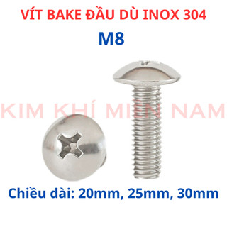 Ốc Vít inox đầu dù pake Inox 304 M8, Bu lông inox đầu dù pake inox 304 8li dài 20mm - 25mm - 30mm
