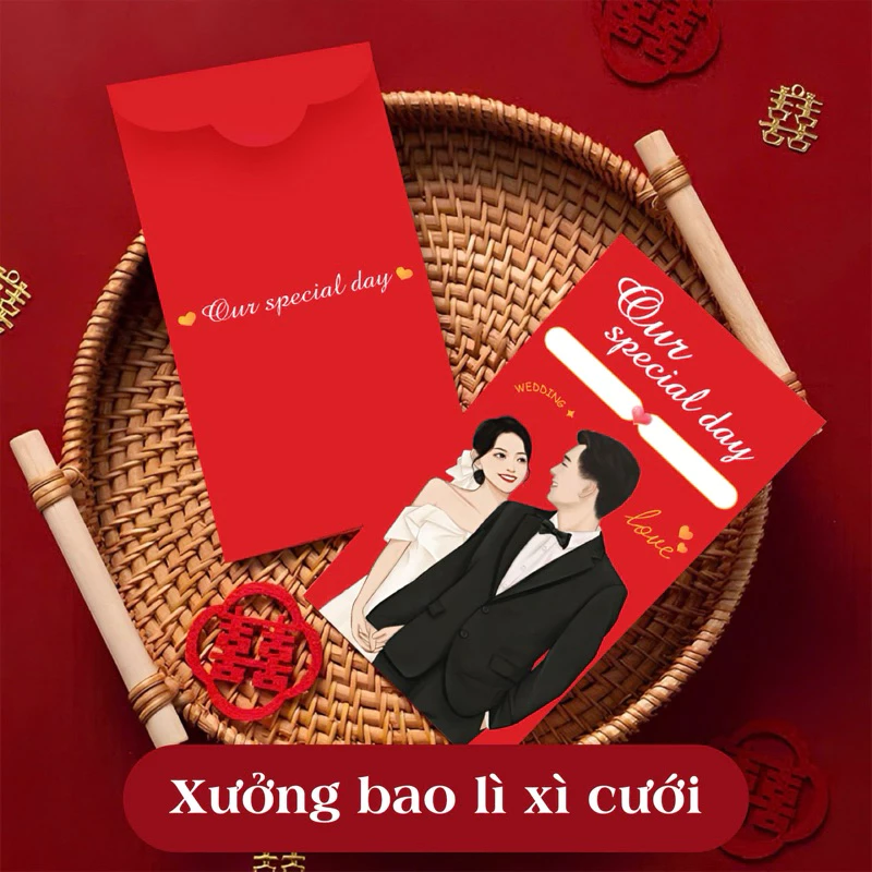 (Viết Tên CD-CR) Bao lì xì đám cưới, Lì Xì Hỷ Bao lì xì cưới, đám hỏi lì xì mâm quả màu đỏ lì xì tết