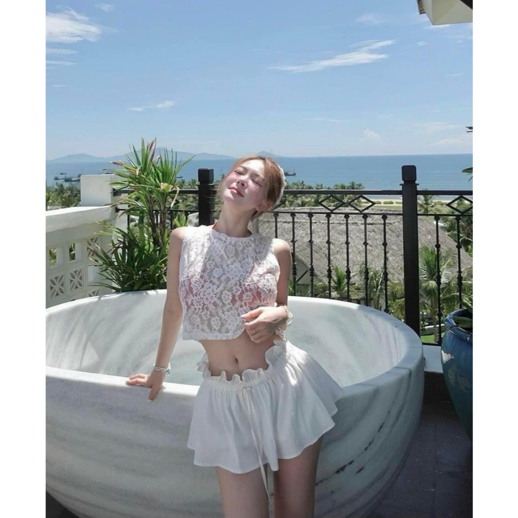 Đồ Bơi Thời trang 3 món áo bra có mút kèm áo khoác ren  BiKiNi chuẩn hình chân váy có quần trong HAN.T Shop HT009