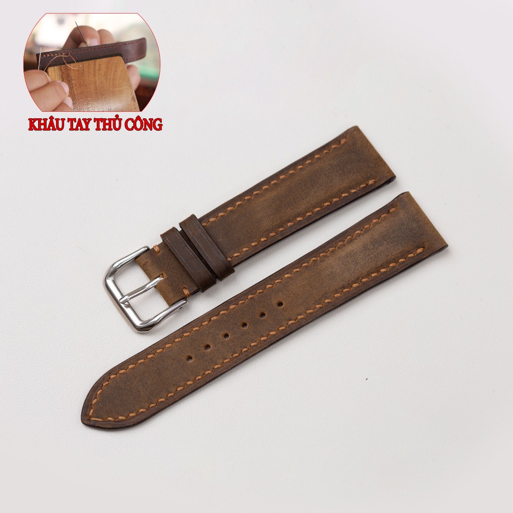 Ảnh Dây đồng hồ nam da sáp ngựa điên- khâu tay thủ công D111 size 18mm, 20mm, 22mm, 24mm-Bụi Leather 2