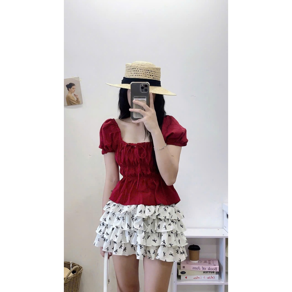 Áo kiểu nữ Joolate babydoll linen tay phồng tiểu thư bo thân nơ coquette ngực