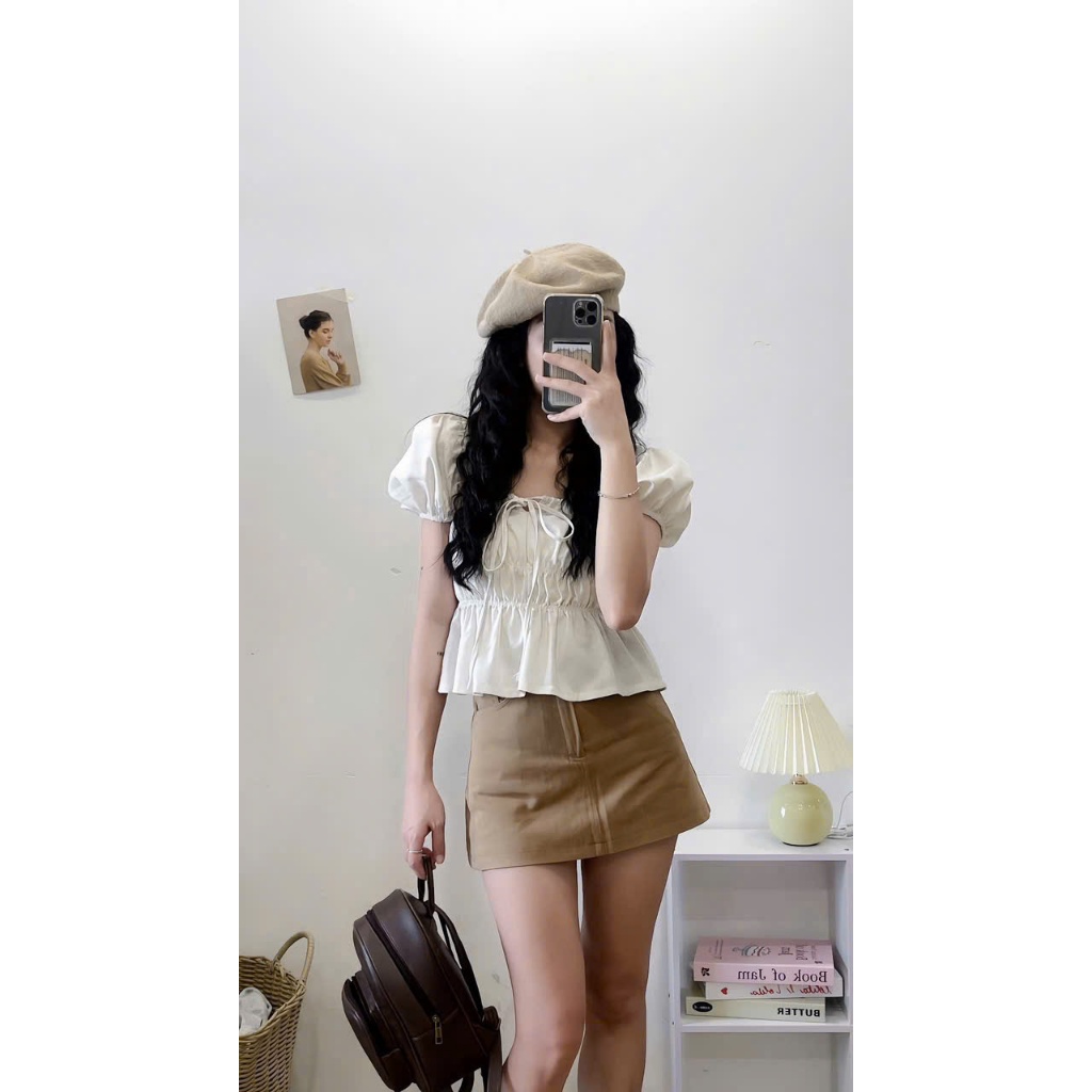 Áo kiểu nữ Joolate babydoll linen tay phồng tiểu thư bo thân nơ coquette ngực