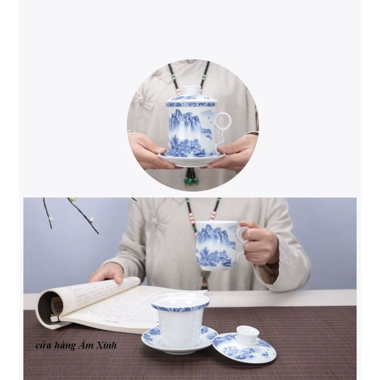Ly cốc sứ pha trà có lõi lọc và nắp đậy dung tích 320 ml
