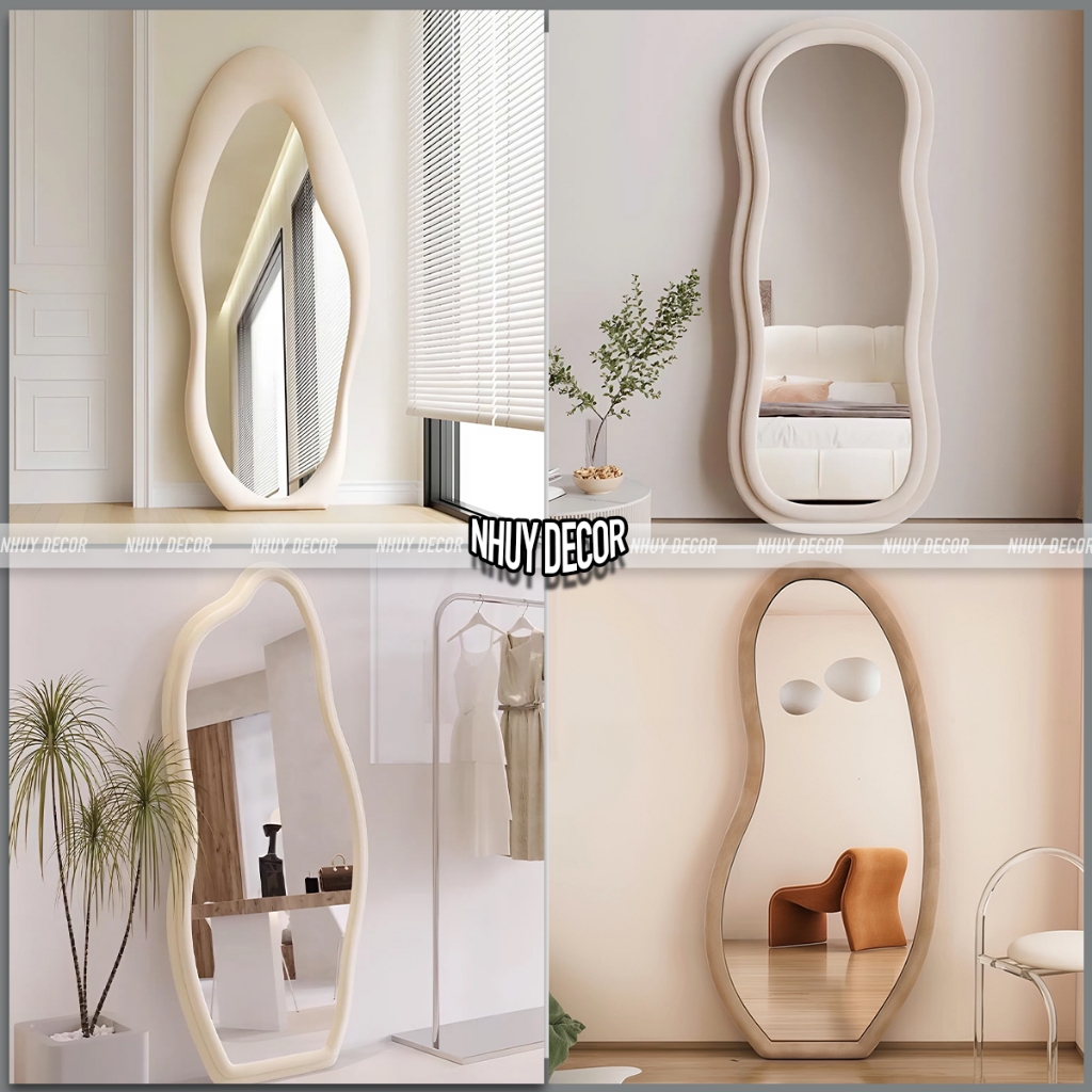 gương toàn thân hình quả bơ, cá heo, hạt đậu NHU Y DECOR chất liệu khung gương bọc nỉ, nước gương nịnh dáng đẹp da