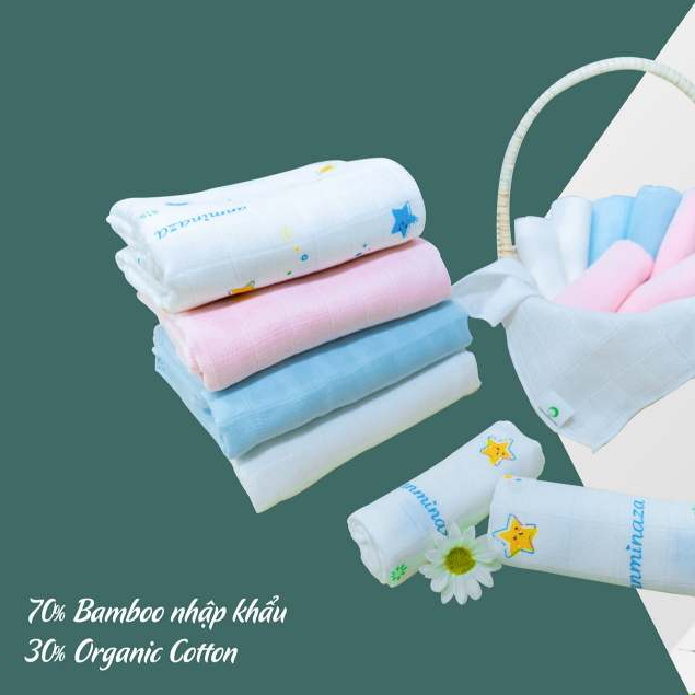 Hộp 10 Khăn Sữa 25x25cm Anminaza Vải Sợi Tre Cao Cấp Gồm 2 Lớp Kháng Khuẩn-Mềm Mịn-Thấm Hút Tốt