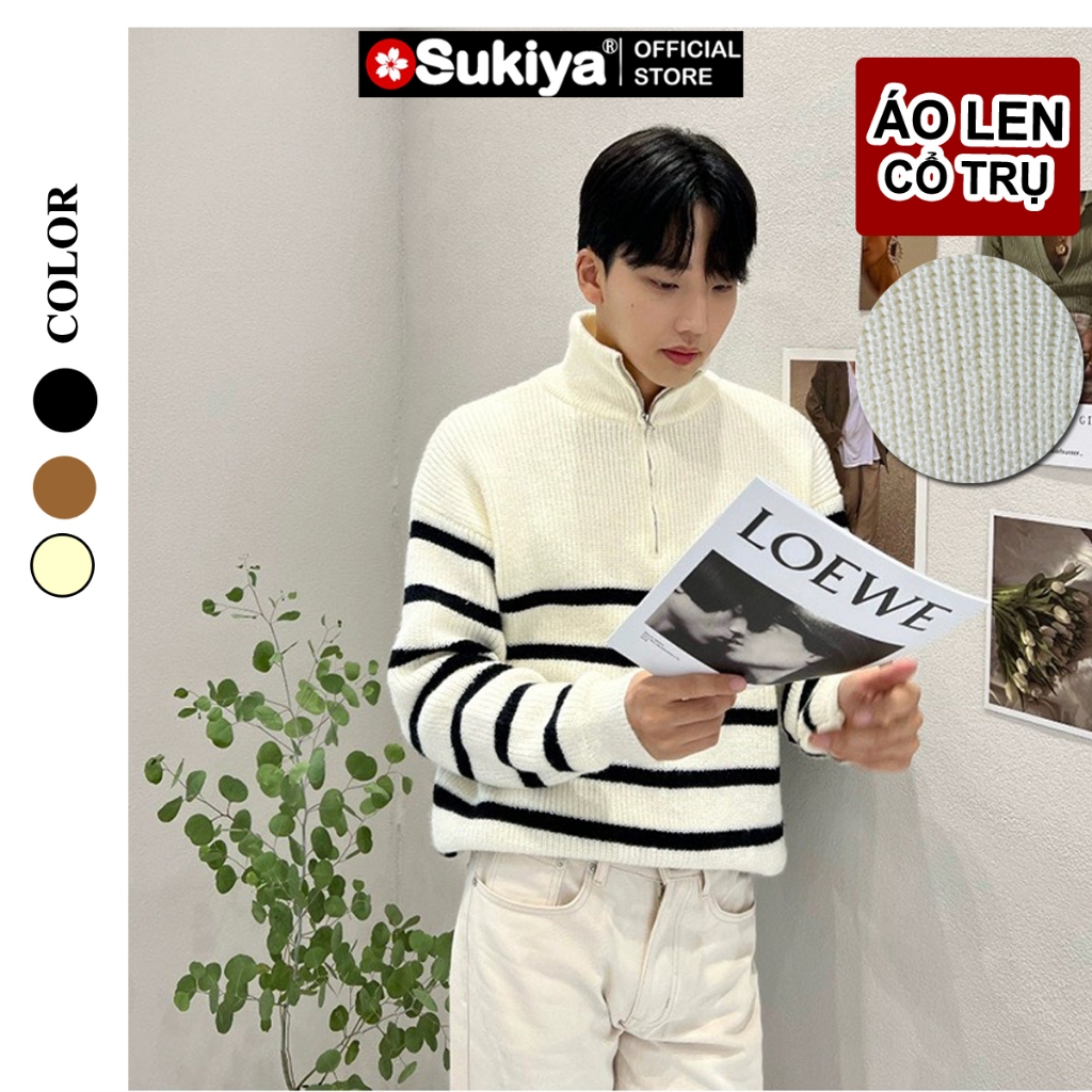 Ảnh Áo Len Nam Nữ Cổ Trụ SUKIYA Kéo Khóa Họa Tiết kẻ Sọc Form Rộng Phong Cách Hàn Quốc  AL81 2