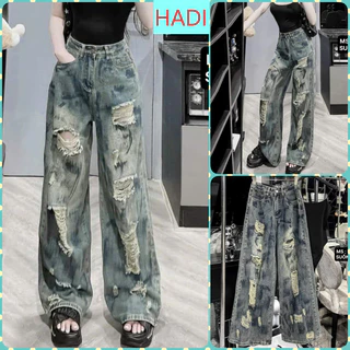 [ORTD5755] QUẦN JEANS ỐNG RỘNG NỮ LƯNG CAO RÁCH CÀO 5 MẢNG NHIỀU VỆT SƠN ĐEN LAI CUỐN XANH ĐẬM SIÊU CÁ TÍNH HOT