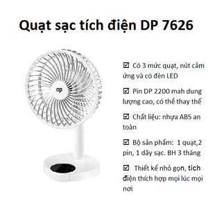 Quạt sạc tích điện DP 7626 có đèn LED để bàn rất mát và êm - nút cảm ứng