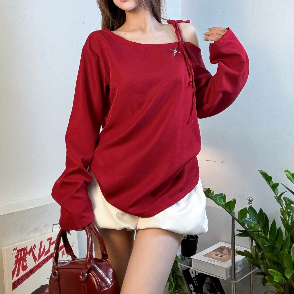 ÁO KAKI NỮ LỆCH VAI TAY DÀI PHỐI DÂY FORM RỘNG FFCLUB MIX