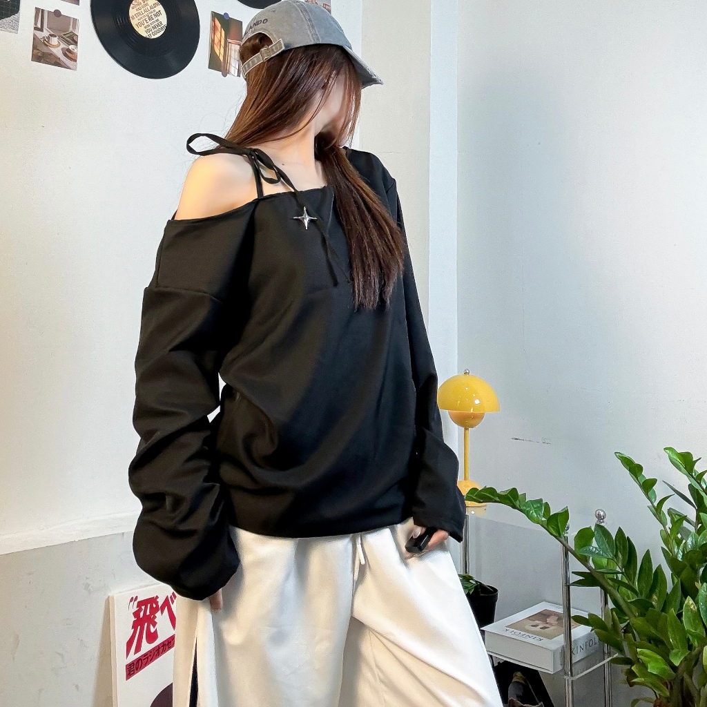 ÁO KAKI NỮ LỆCH VAI TAY DÀI PHỐI DÂY FORM RỘNG FFCLUB MIX