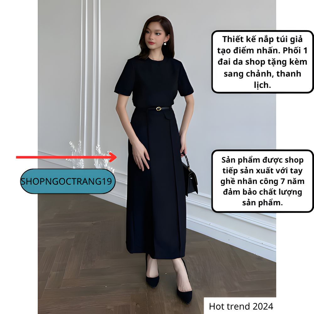 Chân Váy Suông Dài 90cm 2 Gân Nổi Phối Nắp Túi Cách Điệu-Chất Liệu VITEX-SHOPNGOCTRANG19-168
