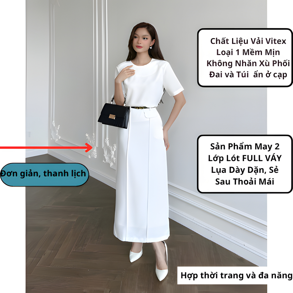 Chân Váy Suông Dài 90cm 2 Gân Nổi Phối Nắp Túi Cách Điệu-Chất Liệu VITEX-SHOPNGOCTRANG19-168