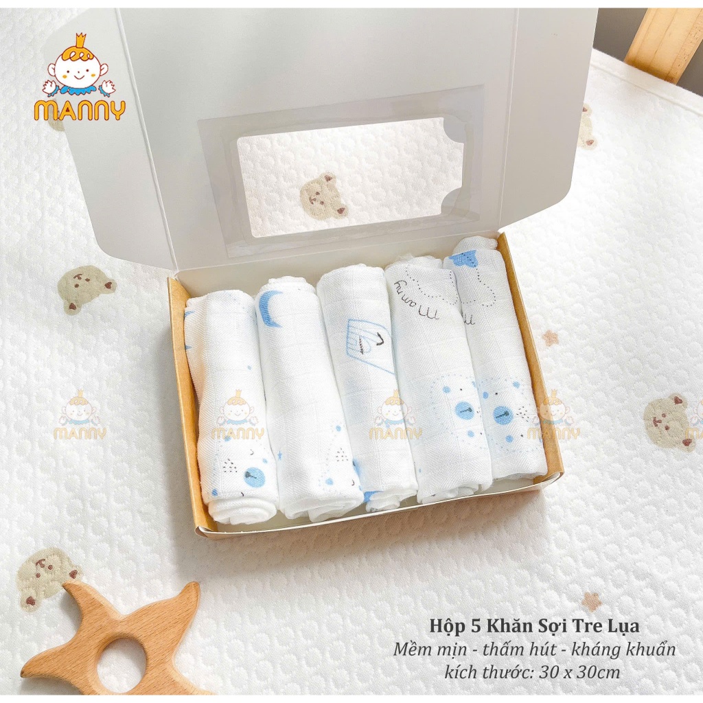 [Manny] Khăn sợi tre, mềm mịn 100% sợi tre Cao cấp mềm mịn cho bé hộp 5 chiếc HC03 - 3SBABY