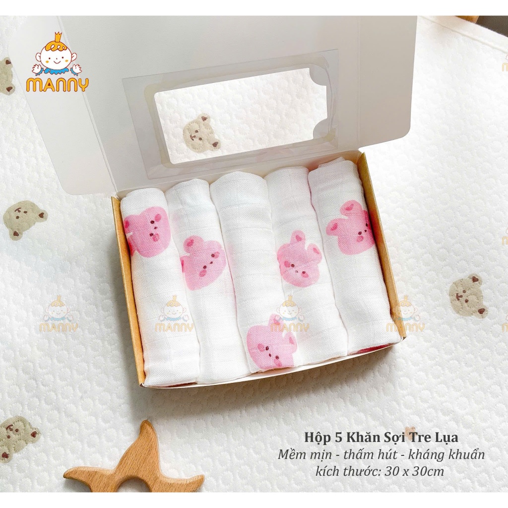 [Manny] Khăn sợi tre, mềm mịn 100% sợi tre Cao cấp mềm mịn cho bé hộp 5 chiếc HC03 - 3SBABY