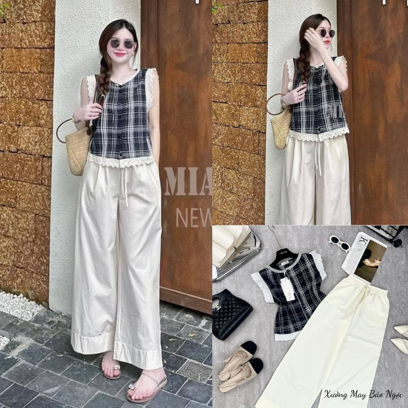 Đồ Bộ Nữ Áo Croptop Kẻ Sọc mix Quần Ống Rộng Dáng Dài Phong Cách Sang Trọng Xưởng May Bảo Ngọc