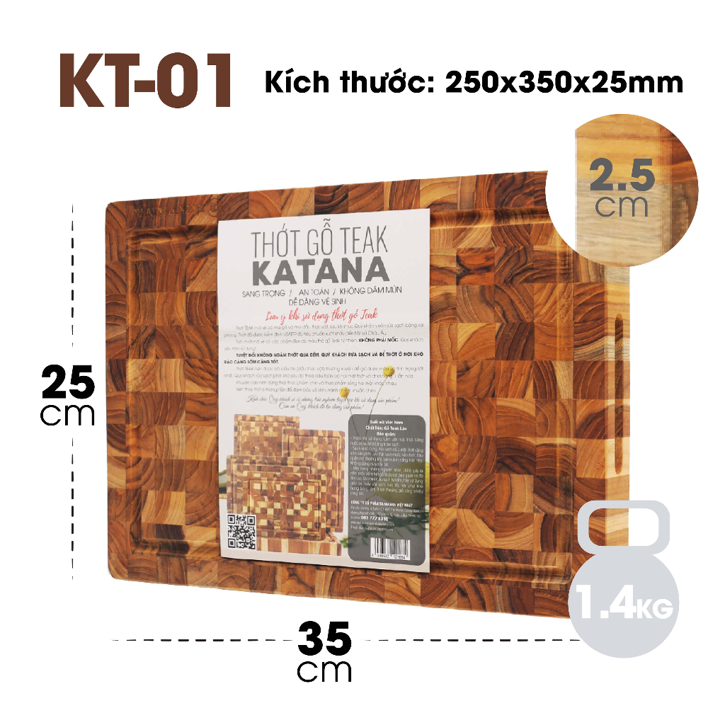 Bộ 2 thớt thái gỗ Teak Cao Cấp Thương Hiệu KATANA - Hình Chữ nhật KT00 và KT01 dày 2.5mm