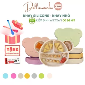 <Có nắp> Khay ăn dặm silicone size bé 5 ngăn cho bé từ 5m+, đế hít chống đổ, free BPA