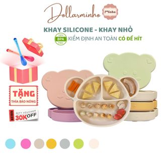 <Có nắp> Khay ăn dặm silicone size bé 5 ngăn cho bé từ 5m+, đế hít chống đổ, free BPA