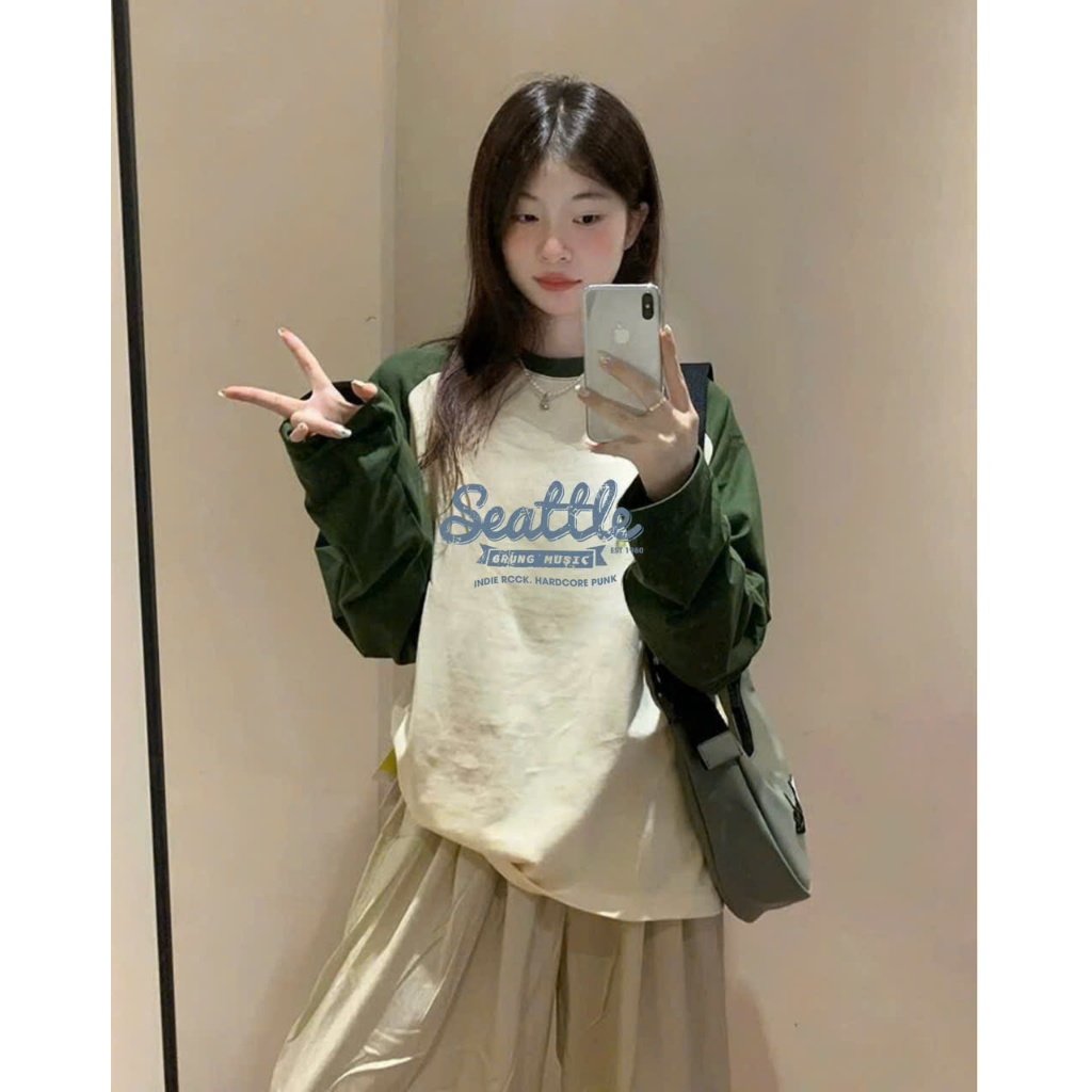 ÁO thun dài tay Nữ phối màu pastel, Áo tay dài Ragan JULY fashion2023 in hình thời trang, chất cotton xượt dáng rộng