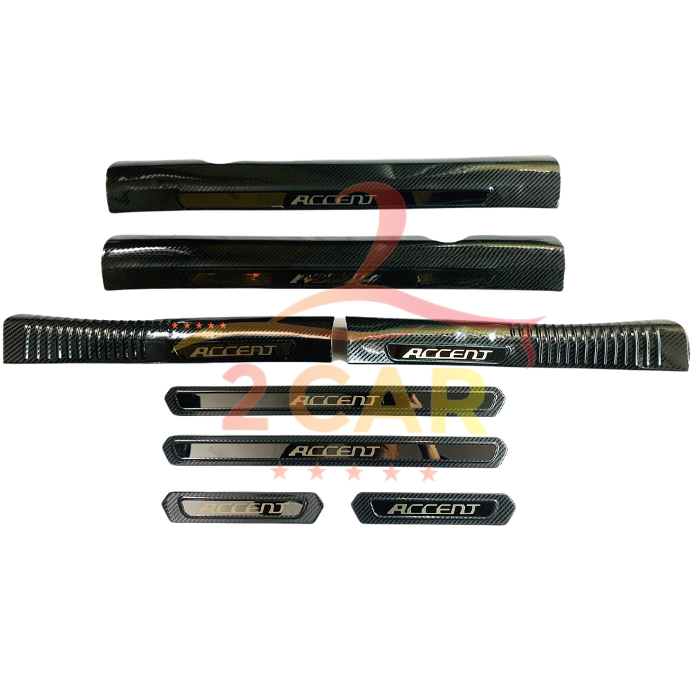 Ốp bậc cửa, nẹp bước chân trong, ngoài CARBON xe Huyndai Accent 2018- 2024, 2025 vân cacbon cao cấp