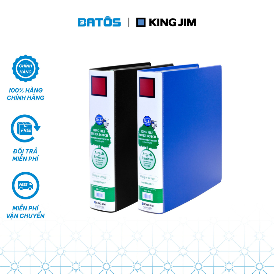 Bìa còng ống King Jim A4 1475GSV / 2475GSV màu xanh dương sức chứa 500 tờ.