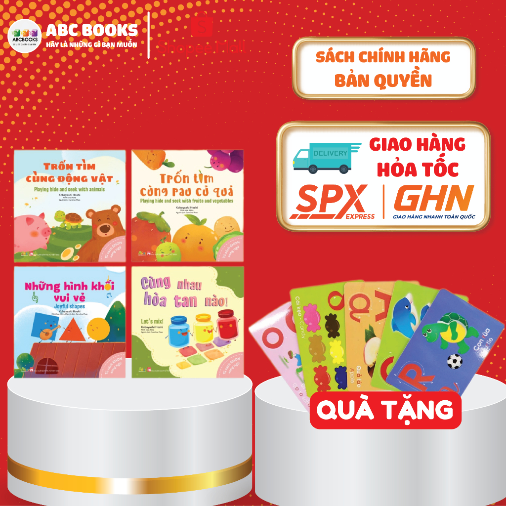 Sách - Bộ 4 Cuốn Sách Ehon Trốn Tìm Song Ngữ Cho Bé: Trốn Tìm Cùng Động Vật - Rau Củ Quả - Hình Khối Vui Vẻ - Hòa Tan