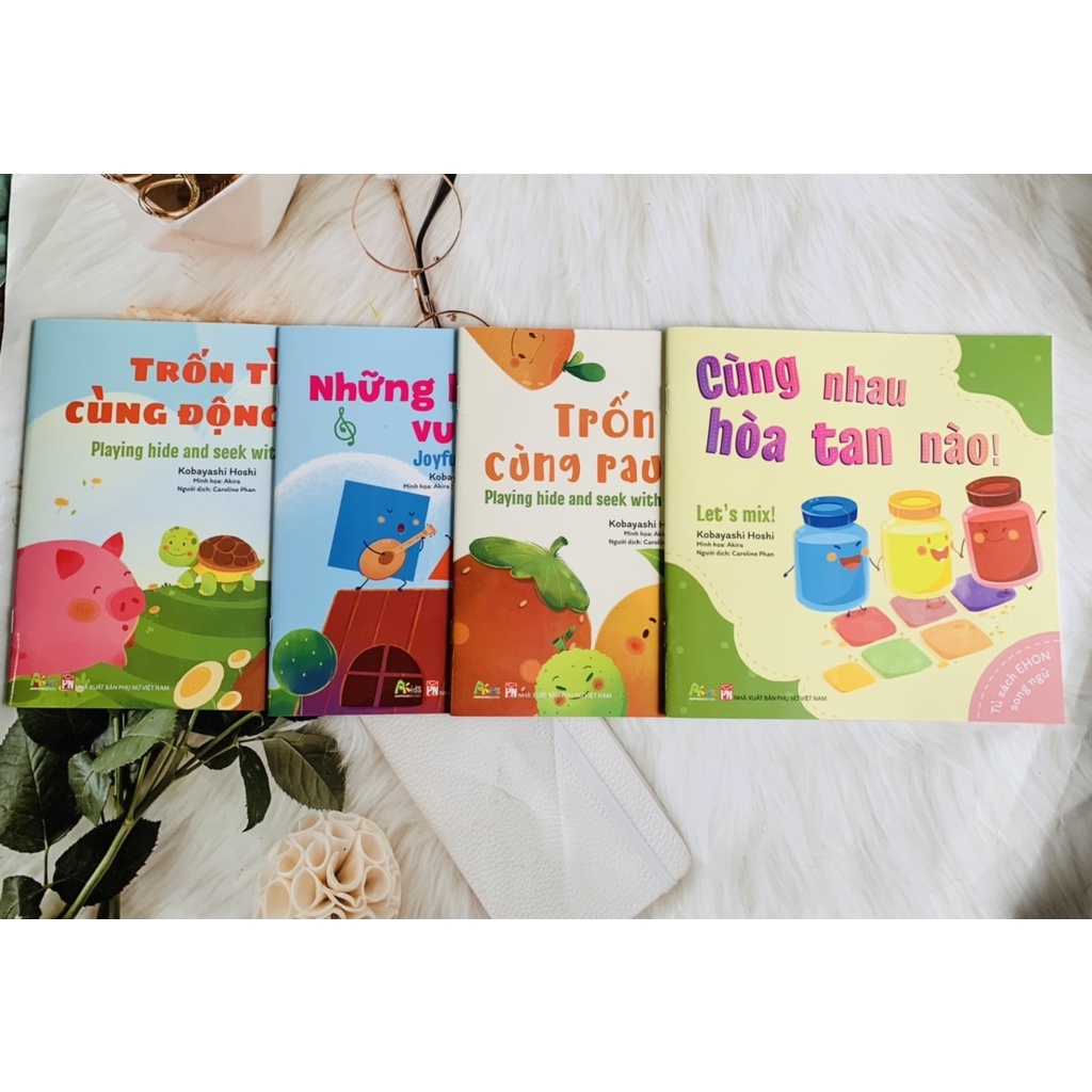 Sách - Bộ 4 Cuốn Sách Ehon Trốn Tìm Song Ngữ Cho Bé: Trốn Tìm Cùng Động Vật - Rau Củ Quả - Hình Khối Vui Vẻ - Hòa Tan
