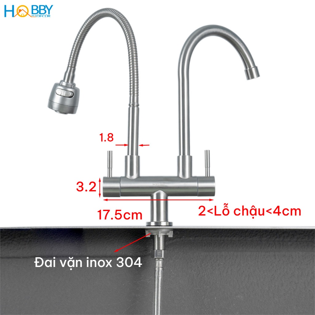 Vòi rửa chén lạnh 2 đầu có vòi tăng áp inox 304 HOBBY Home Decor LX2D