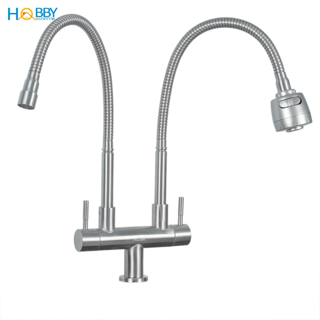 Vòi rửa chén lạnh 2 đầu có vòi tăng áp inox 304 HOBBY Home Decor LX2D