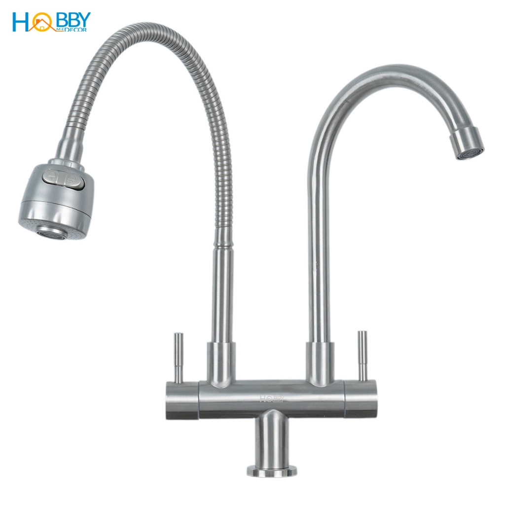 Vòi rửa chén lạnh 2 đầu có vòi tăng áp inox 304 HOBBY Home Decor LX2D