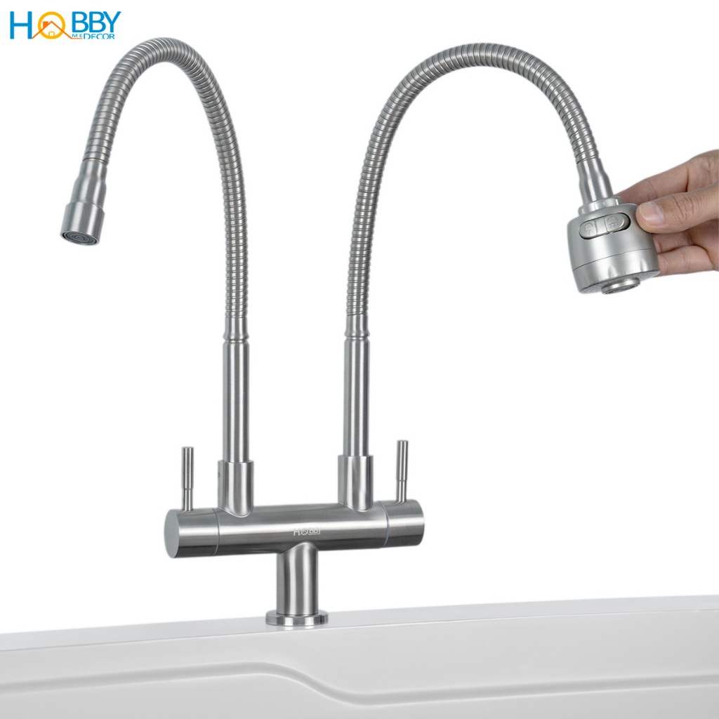 Vòi rửa chén lạnh 2 đầu có vòi tăng áp inox 304 HOBBY Home Decor LX2D
