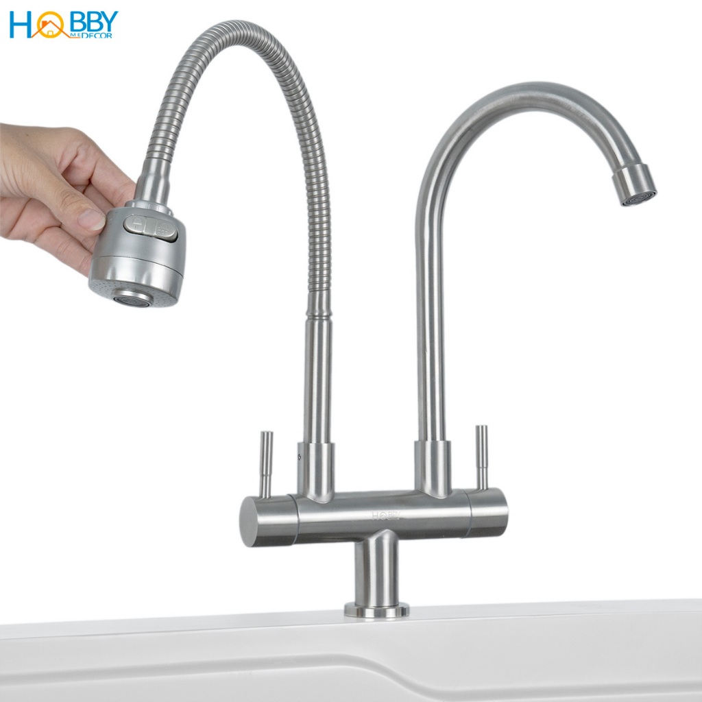 Vòi rửa chén lạnh 2 đầu có vòi tăng áp inox 304 HOBBY Home Decor LX2D