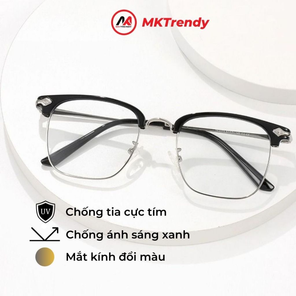 Kính đổi màu MKTRENDY nam nữ thời trang gọng kim loại nửa viền chống tia UV chống ánh sáng xanh X9