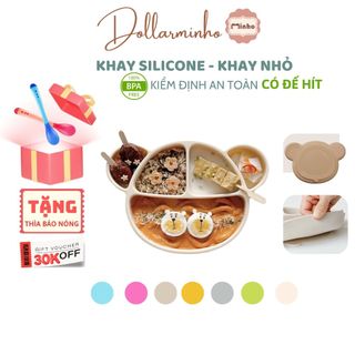 <Tặng FREE nắp> Khay ăn dặm silicone mini hình gấu có đế hít chống trượt chất liệu siêu bền đẹp cho bé Dollar Minho