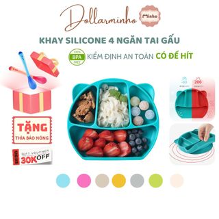 Khay ăn dặm 4 ngăn hình tai gấu có đế hít chống đổ làm từ silicone thực phẩm cao cấp có chứng nhận free BPA