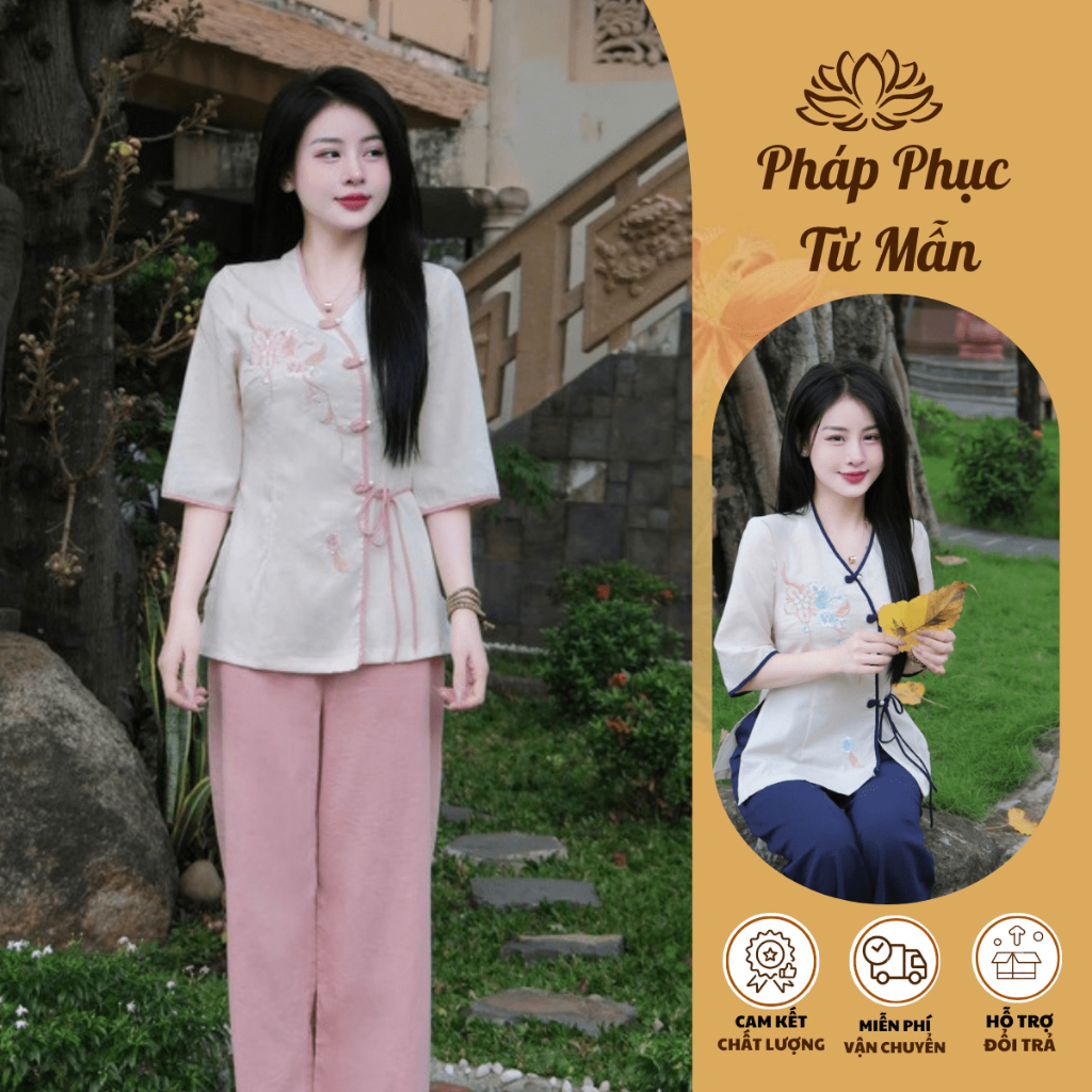 Pháp phục đi chùa vạt chéo khuy tết đính ngọc vải đũi Đồ bộ đi chùa tay lỡ thắt nơ Set đồ lam đi lễ thêu hoa đũi mềm mịn