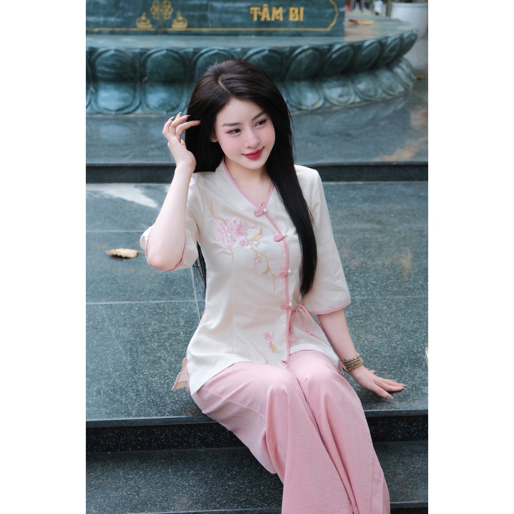 Pháp phục đi chùa vạt chéo khuy tết đính ngọc vải đũi Đồ bộ đi chùa tay lỡ thắt nơ Set đồ lam đi lễ thêu hoa đũi mềm mịn
