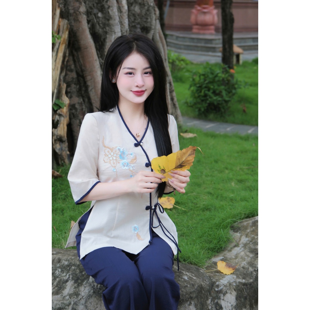 Pháp phục đi chùa vạt chéo khuy tết đính ngọc vải đũi Đồ bộ đi chùa tay lỡ thắt nơ Set đồ lam đi lễ thêu hoa đũi mềm mịn